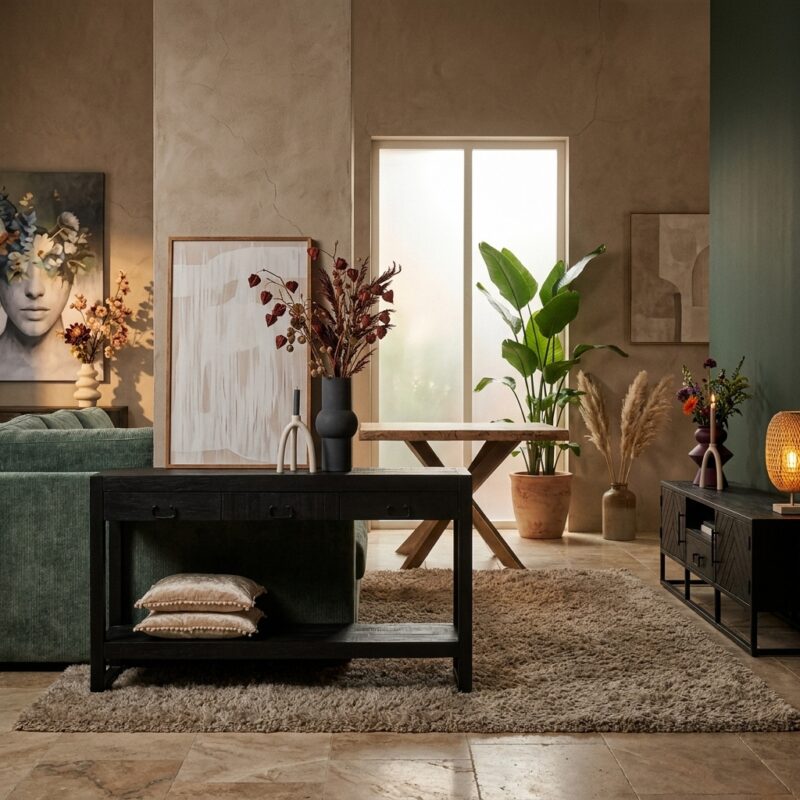 Sidetable Boaz zwart mangohout 150 cm met drie laden en metalen frame