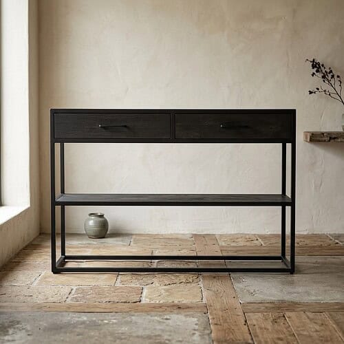 Strakke zwarte metalen console tafel met twee opberglades en open onderruimte, perfect voor modern interieur en opbergruimte.