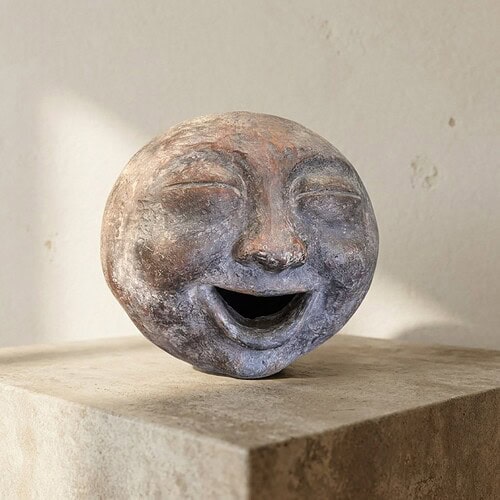 Lachende gezichtssculptuur van keramiek op houten tafel Keramische lachende gezichtssculptuur met menselijke uitdrukking, geplaatst op houten tafel, geschikt voor interieurdecoratie en kunstcollectie.