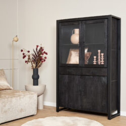 Vitrine Boaz, schwarz, Mangoholz – Detailfoto: Glastüren und Einlegeböden