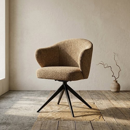 Comfortabele houten draaistoel met stoffen bekleding, perfect voor moderne woonkamers en kantoorruimtes, met een stijlvolle en ergonomische ontwerp.