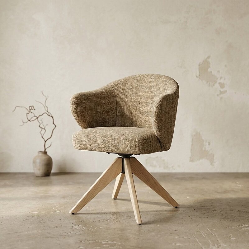 Comfortabele stoffen fauteuil met houten poten, perfect voor een stijlvolle woonkamer of zithoek. Elegant design en hoogwaardige materialen voor optimaal comfort en duurzaamheid.