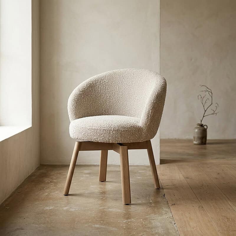 Bequemer Stoffsessel mit gerundeter Rückenlehne und Holzbeinen, ideal für eine moderne Einrichtung. Perfekt für das Wohnzimmer oder eine Sitzecke, kombiniert mit natürlichen Materialien.