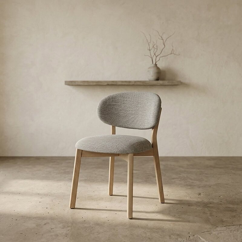 Moderne houten stoel met comfortabele, zachte bekleding, perfect voor een minimalistische interieurstijl. Gemaakt door Mokana Meubelen, ideaal voor woonkamer of kantoor.