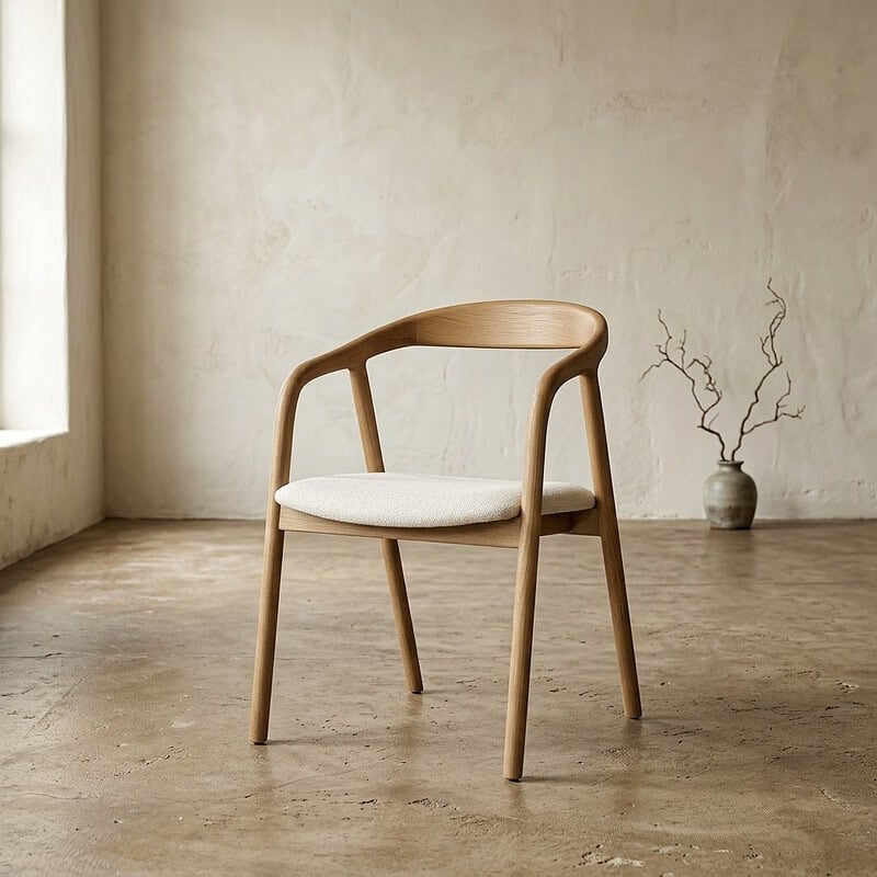 Ein eleganter Holzstuhl mit geschwungener Rückenlehne und weicher Sitzfläche, perfekt für moderne Einrichtungen und Wohnzimmer. Er ist aus hochwertigem Holz gefertigt und vereint Stil und Komfort.