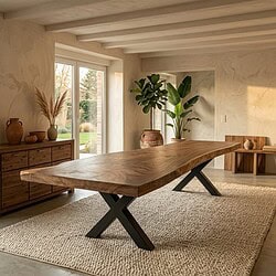 Moderne houten eettafel in een lichte, minimalistische woonkamer met natuurlijke decoraties en grote ramen die veel daglicht binnenlaten.