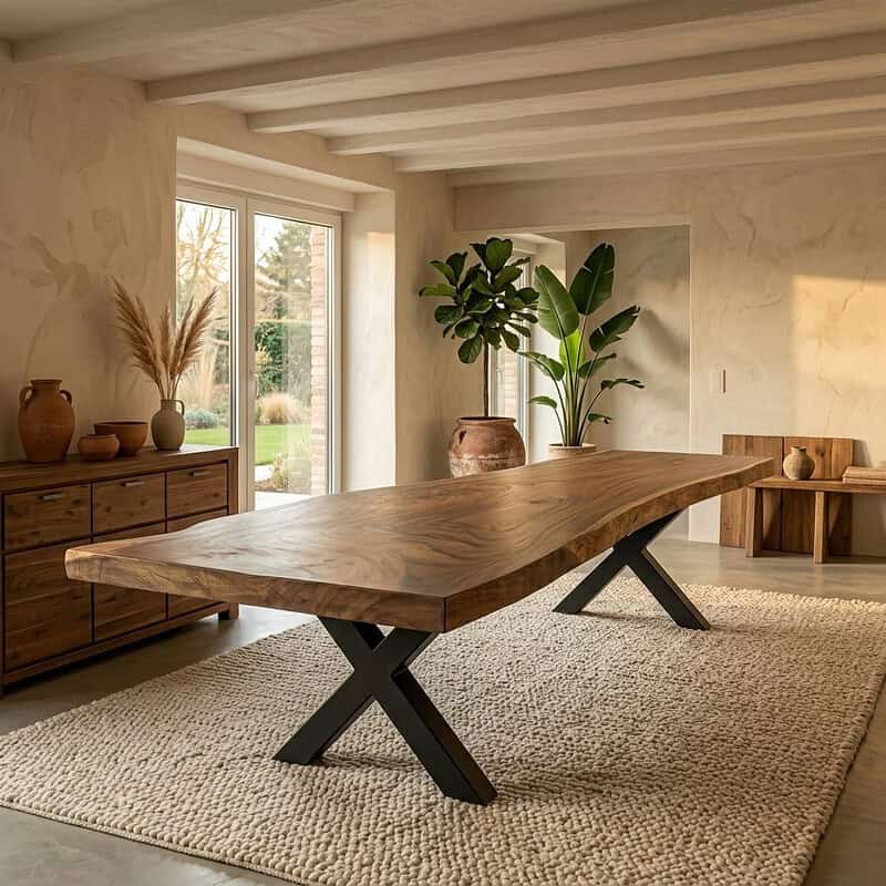 Moderne houten eettafel in een lichte, minimalistische woonkamer met natuurlijke decoraties en grote ramen die veel daglicht binnenlaten.
