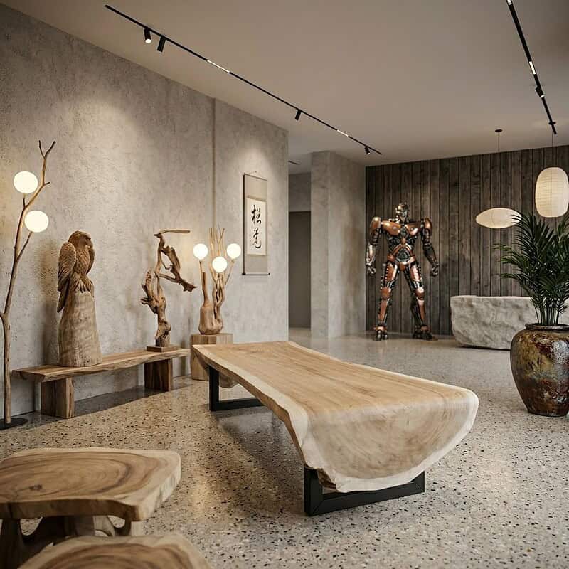 Unieke houten tafel en decoratieve houten sculpturen in een stijlvolle woonkamer.