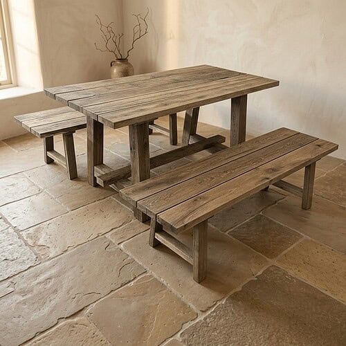 Rustikaler Esstisch aus Holz mit passender Bank und Hocker, perfekt für Esszimmer im Landhausstil oder in modernem Design, aus Massivholz gefertigt für einen natürlichen Look.