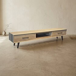 Modernes TV-Möbel aus Holz mit Schublade und offenen Fächern, perfekt für eine schlichte Wohnzimmerausstattung. Aus hochwertigem Holz gefertigt, mit minimalistischem Design und schwarzen Beinen.