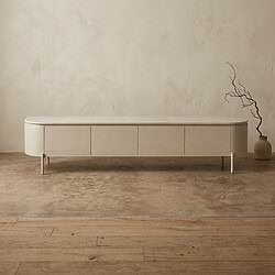 Moderne witte houten tv-meubel met ladeopslag, strak design en minimalistische uitstraling, perfect voor een eigentijdse woonkamer.