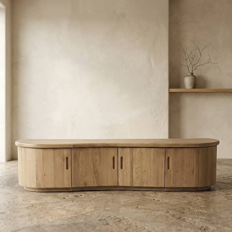 Elegantes TV-Möbel aus Holz mit Schiebetüren, perfekt für moderne Wohnzimmer, aus hochwertigem Massivholz gefertigt, mit einem klaren und minimalistischen Design.