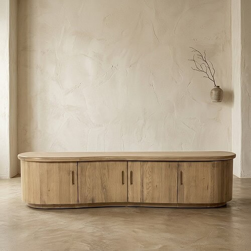 Elegant houten dressoir met afgeronde hoeken, perfect voor een moderne woonkamer of slaapkamer, gemaakt van hoogwaardig natuurlijk hout voor een warme uitstraling.