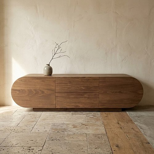 Elegant houten dressoir van Mokana met een modern, minimalistisch ontwerp, perfect voor een stijlvolle woonkamer of slaapkamer. Gemaakt van hoogwaardige materialen voor duurzaamheid en tijdloze uitstr.