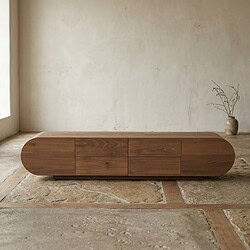 Elegant houten dressoir met afgeronde hoeken, perfect voor modern interieur, biedt ruime opbergruimte en een strakke uitstraling.