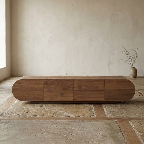 Elegant houten dressoir met afgeronde hoeken, perfect voor modern interieur, biedt ruime opbergruimte en een strakke uitstraling.