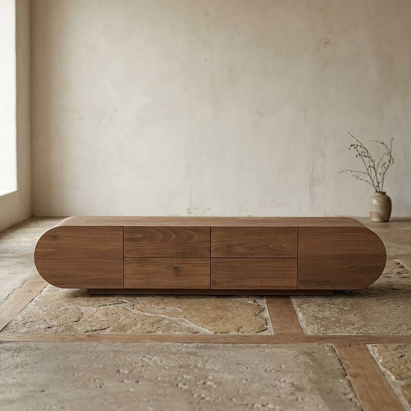 Elegant houten dressoir met afgeronde hoeken, perfect voor modern interieur, biedt ruime opbergruimte en een strakke uitstraling.