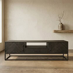 Modern houten TV-meubel met lade en open vakken, perfect voor woonkamer decoratie en opbergruimte, in een minimalistisch design.
