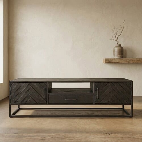 Modernes TV-Möbel aus Holz mit Schublade und offenen Fächern, perfekt als Wohnzimmerdekoration und Stauraum, in minimalistischem Design.