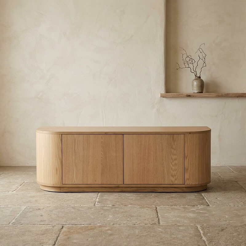 Elegant houten dressoir met afgeronde hoeken, perfect voor modern interieur, gemaakt van hoogwaardig massief hout, biedt ruime opbergruimte en een strakke uitstraling.
