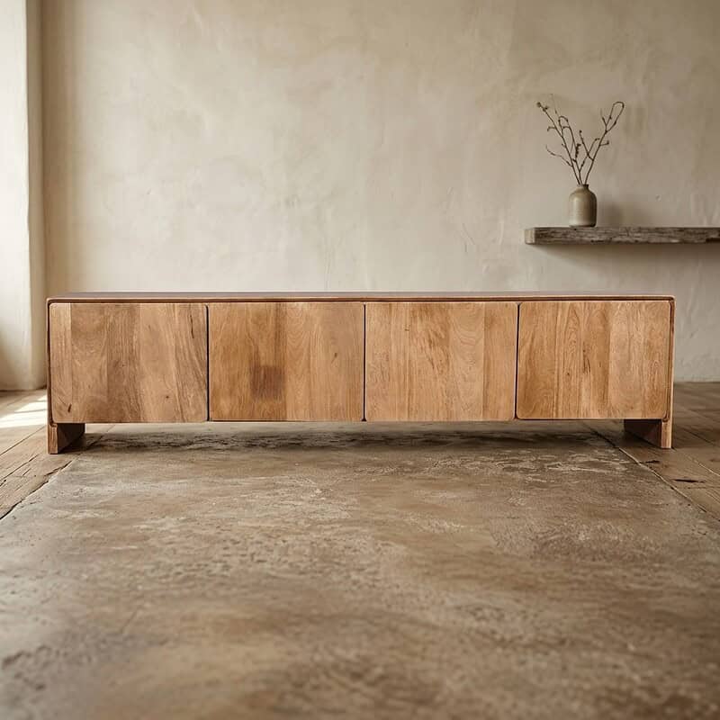 Eenvoudige houten eettafel met strakke lijnen en natuurlijke afwerking, perfect voor een modern interieur.
