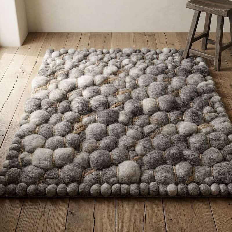Handgemaakt wollen vloerkleed met ronde vormen in neutrale tinten, perfect voor een gezellige woonkamer of slaapkamer.