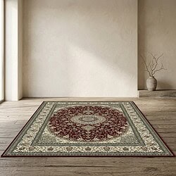 Vintage-Teppich mit Blumenmuster in Rot, Beige und Grün, perfekt für das Wohn- oder Esszimmer, handgefertigt und von hoher Qualität.