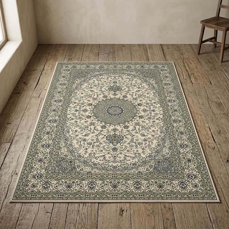 Vintage-Teppich mit klassischen Mustern und sanften Farben für eine elegante Inneneinrichtung.