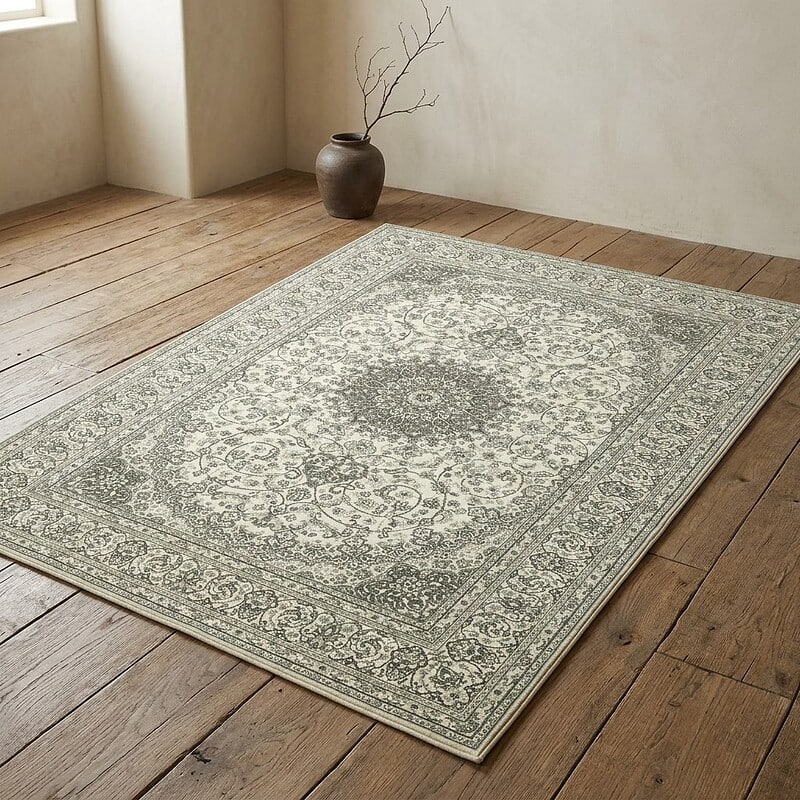 Ein eleganter, klassischer Teppich mit detailreichem Muster und neutralen Farbtönen – perfekt für ein stilvolles Wohnzimmer.