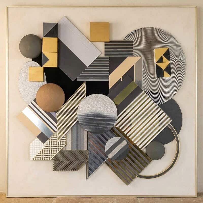 Abstract kunstwerk met geometrische vormen en texturen, ontworpen voor modern interieur en meubelontwerp. Perfect voor inspiratie in meubelkunst en decoratie.