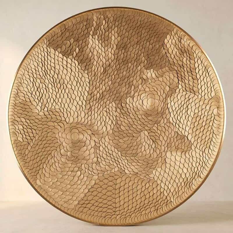Decoratief houten bord met complex patroon van kleine, overlappende schubvormige elementen, perfect voor interieurdecoratie en ambachtelijke meubels.