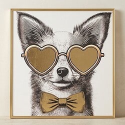 Kunstprint van een schattige hond met hartvormige bril en strik, perfect voor huisdecoratie en liefhebbers van dieren en stijlvolle kunstwerken.