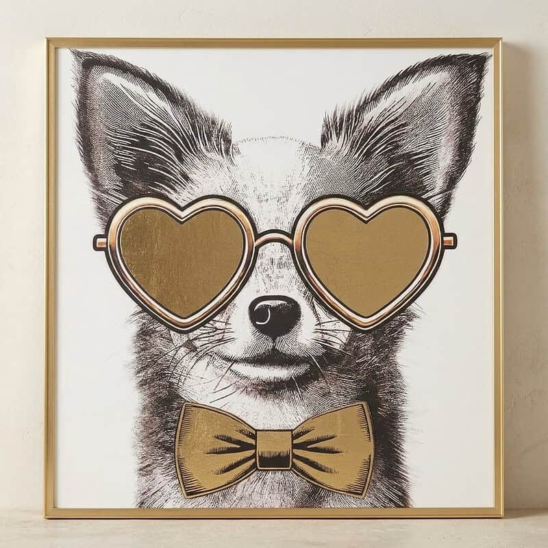 Kunstprint van een schattige hond met hartvormige bril en strik, perfect voor huisdecoratie en liefhebbers van dieren en stijlvolle kunstwerken.