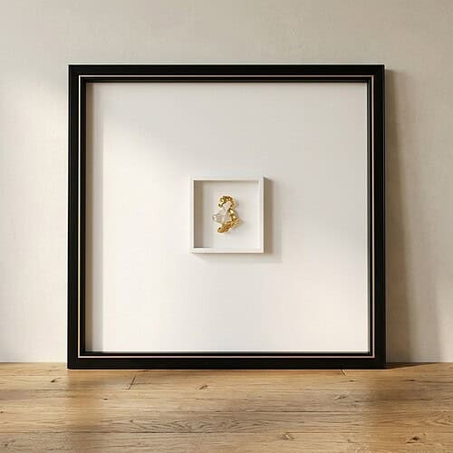 Moderne houten wanddecoratie met een klein goudkleurig zeepaardje in een witte lijst, perfect voor een stijlvolle en minimalistische interieuraccent.
