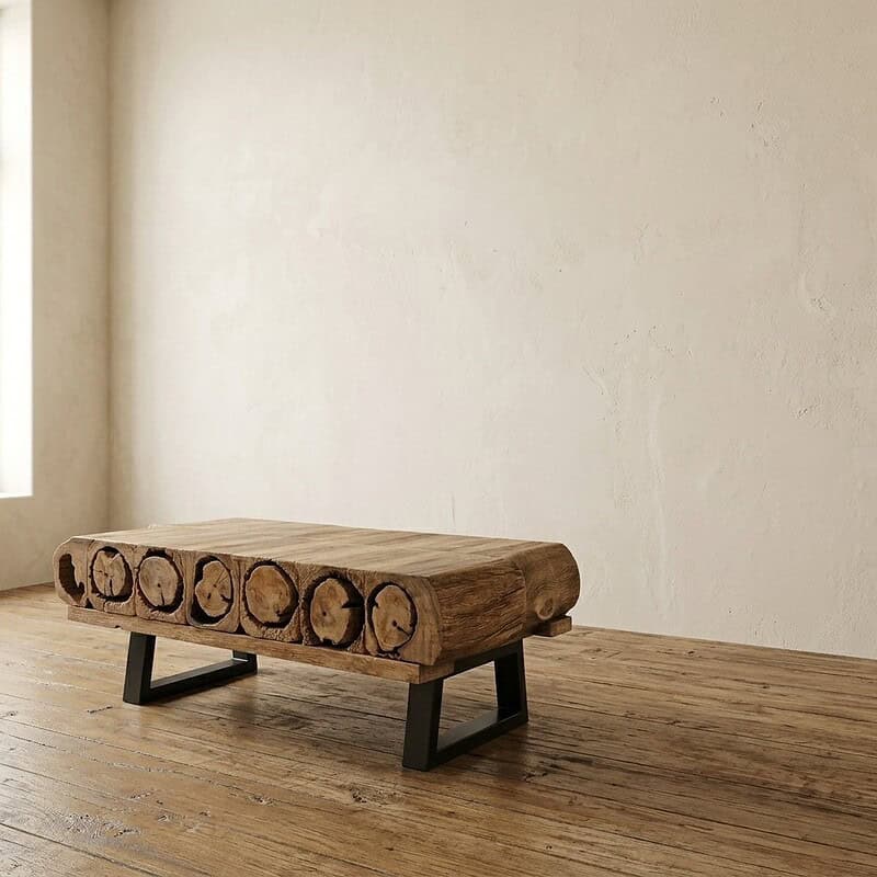 Moderne houten salontafel met natuurlijke afwerking en zwarte metalen poten, perfect voor een eigentijdse woonkamer.