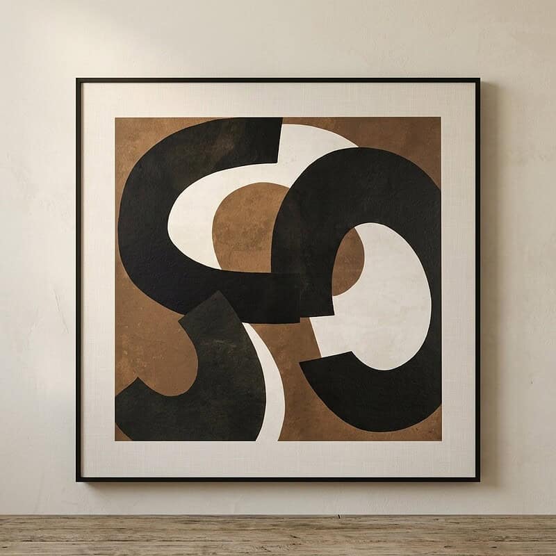 Kunstwerk, abstract, muurdecoratie, zwart-wit, bruin, modern, interieur, muurkunst, decoratie, woonkamer.