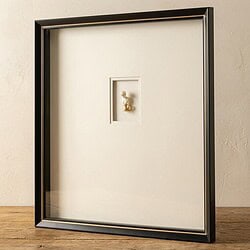 Uniek kunstwerk in een zwart lijst, met een klein sculptuur in het midden, perfect voor moderne interieurdecoratie.