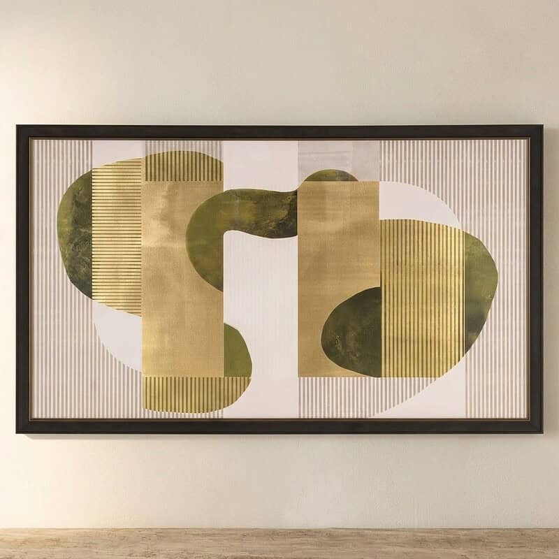 Moderne abstracte kunst met goud en groen tinten, geschikt voor interieurdecoratie, ontworpen door Mokana Meubelen.