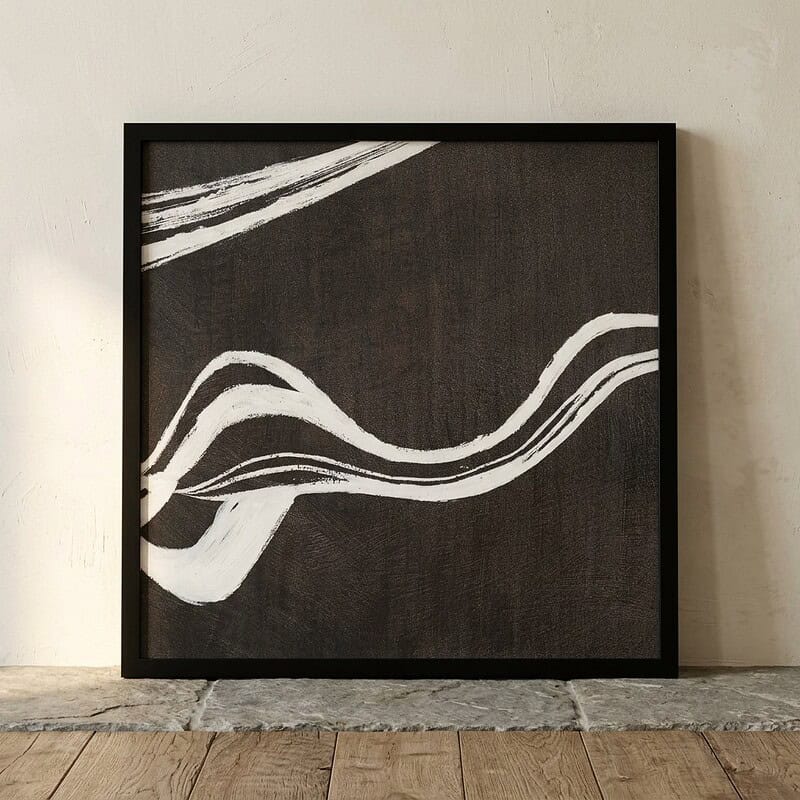 Moderne abstracte kunst op canvas met zwarte en witte golvende lijnen, perfect voor moderne interieurdecoratie en kunstliefhebbers.