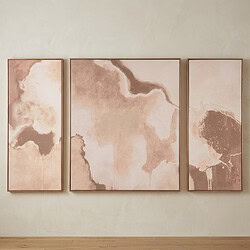 Abstracte wandkunst met drie panelen in zachte aardetinten, perfect voor moderne interieurdecoratie.