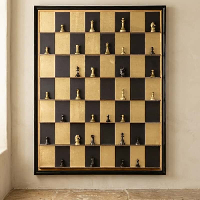 Unieke schaakbordkast met houten schaakstukken, perfect voor interieurdecoratie en strategische spelletjes. Handgemaakt meubelstuk met een moderne uitstraling, ideaal voor elke woonkamer of speelhoek.
