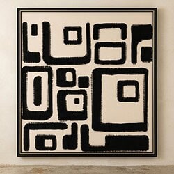 Moderne abstracte kunst in zwart-wit met geometrische vormen, geschikt als muurdecoratie voor een eigentijdse interieurstijl. Perfect voor woon- of kantoorruimte.