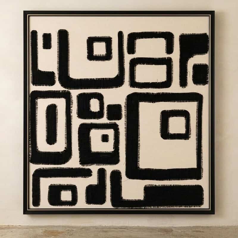 Moderne abstracte kunst in zwart-wit met geometrische vormen, geschikt als muurdecoratie voor een eigentijdse interieurstijl. Perfect voor woon- of kantoorruimte.