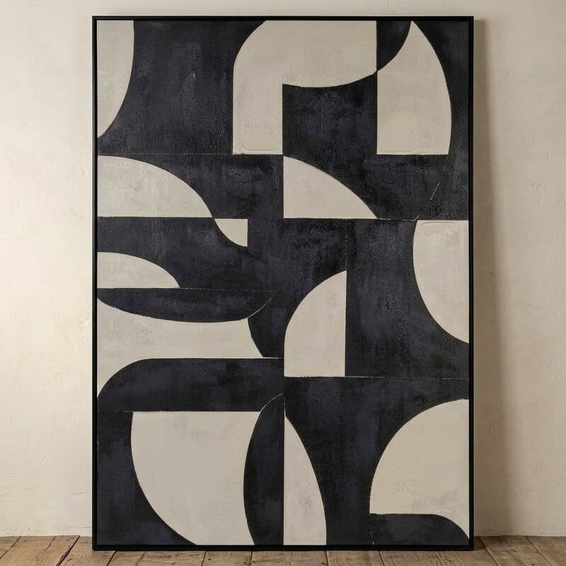 Modern abstract kunstwerk met zwart-witte geometrische vormen, perfect voor interieurdecoratie. Gemaakt door Mokana Meubelen, geschikt voor woon- en kantoorruimtes.