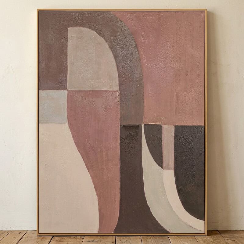 Abstract kunstwerk met geometrische vormen en zachte pastelkleuren, geschikt voor modern interieur.