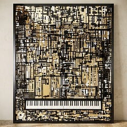 Modern abstract kunstwerk met geometrische patronen en ingebouwde piano, perfect voor stijlvolle interieurdecoratie en muziekliefhebbers.