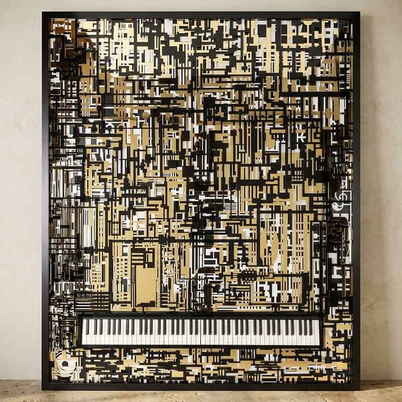 Modern abstract kunstwerk met geometrische patronen en ingebouwde piano, perfect voor stijlvolle interieurdecoratie en muziekliefhebbers.