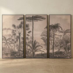 Houten wanddecoratie met tropisch jungle ontwerp, drie panelen, natuurlijke uitstraling, geschikt voor woonkamer of kantoor, handgemaakt, duurzame materialen, stijlvolle muurversiering.