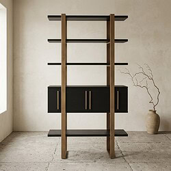 Moderne boekenkast met houten frame en zwarte planken, ideaal voor woonkamers en kantoren, biedt stijlvolle opbergruimte en decoratiemogelijkheden.