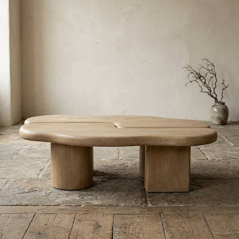 Houten salontafel met organische vormgeving Moderne houten salontafel met natuurlijke, organische vorm en stevige basis, perfect voor een minimalistische en stijlvolle woonkamer.